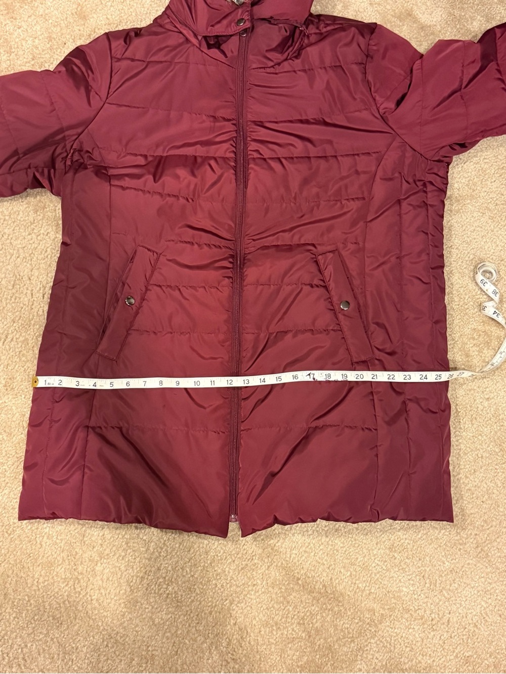 St. John’s Bay Quilted Wine-Red Puffer Coat with Faux-Fur Hood - Picture 4 of 5